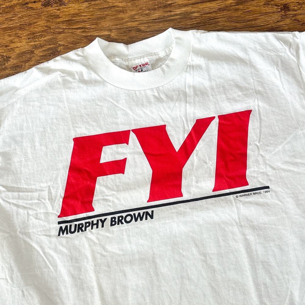 Vintage 90s FYI Murphy Brown TV Show White Red Graphic T-Shirt XL